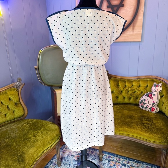 Vintage 80s The Dress Express Blue And White Polka Dot Rayon Blend Dress - Picture 5 of 9